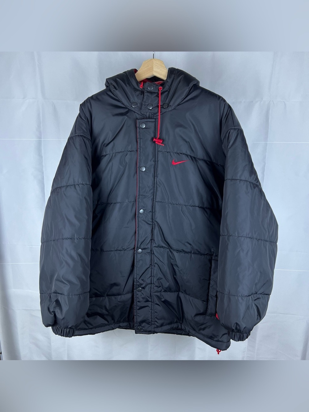 Vintage 90s Nike Puffer Hooded Jacket Mens Small Black Red